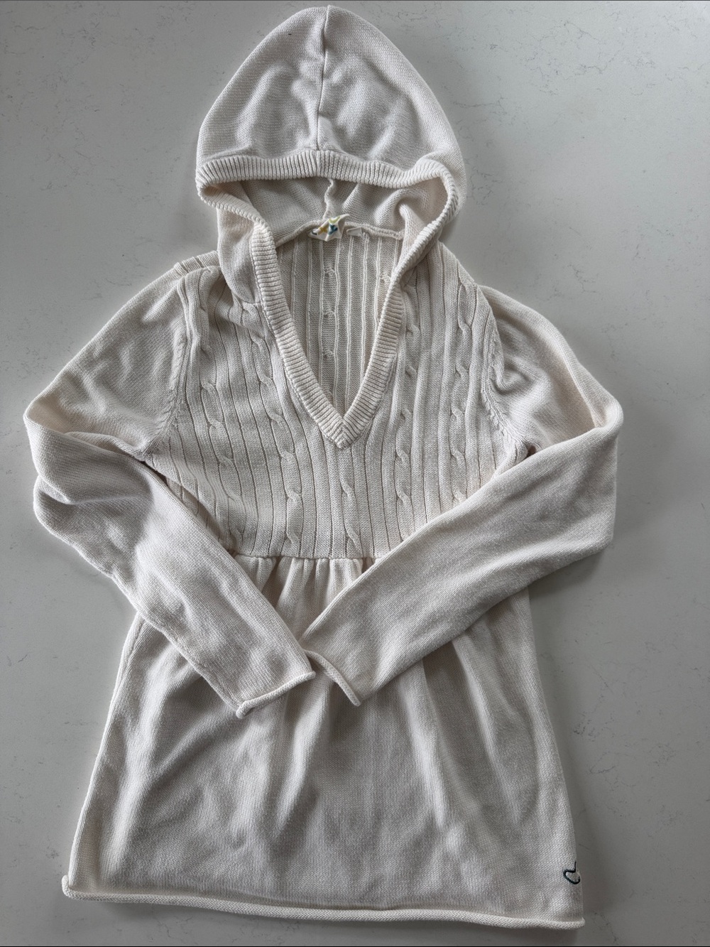 Vintage Roxy Cream Hooded V-Neck Cable Knit Sweater